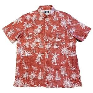 Chaps Mens Large Hawaiian Shirt Red Palm Leaf Print Short Sleeve Lined
